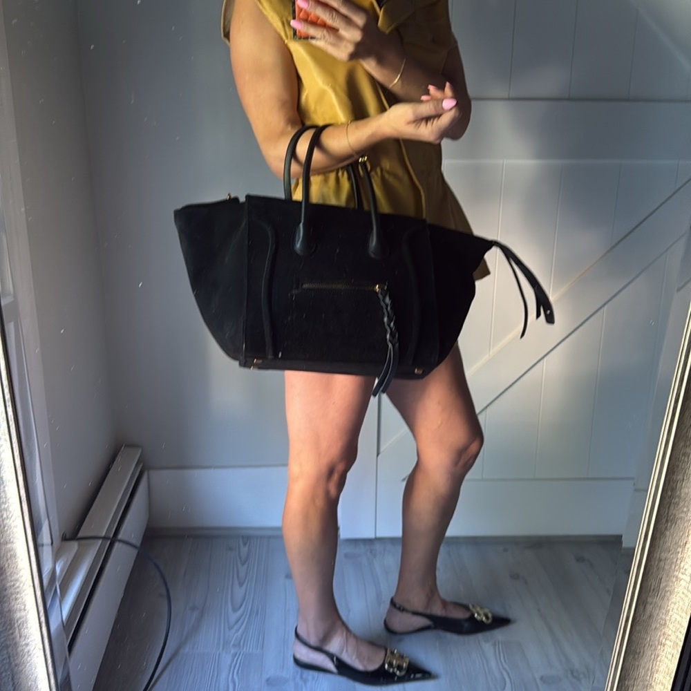 Black Suede Tote Bag with Braided Zip Pulls - Picture 3 of 5